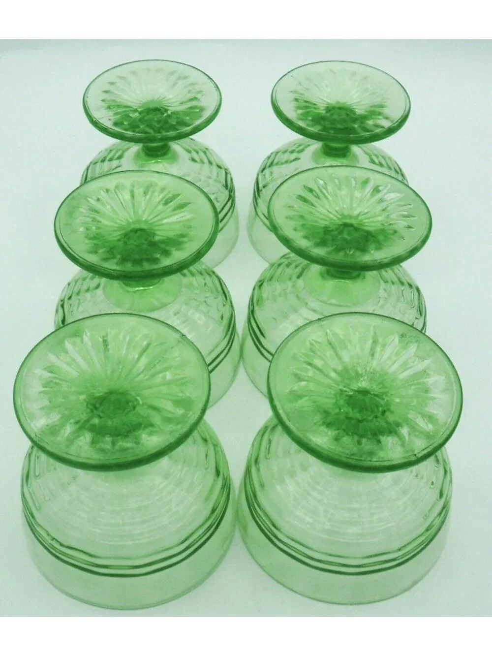 Vintage Uranium Glass Ribbed Banded Footed Sherbet Cups Set of 6